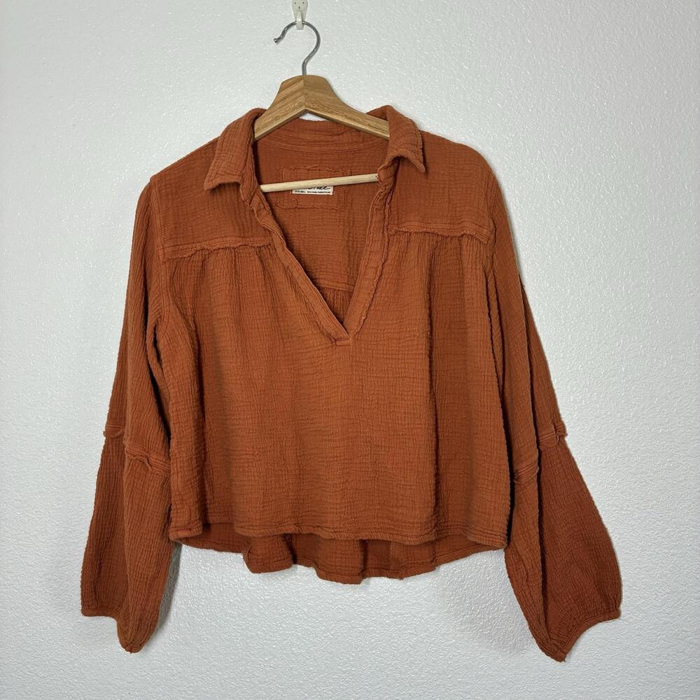 We The Free Blouse Womens XS Orange Gauze V Neck Bell Sleeve Boho Tunic